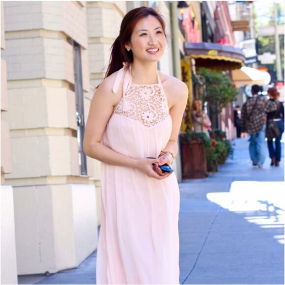 ZARA Chiffon Halter Maxi Dress Lace Crochet Grecian, Pale Pink NWOT - Picture 1 of 11